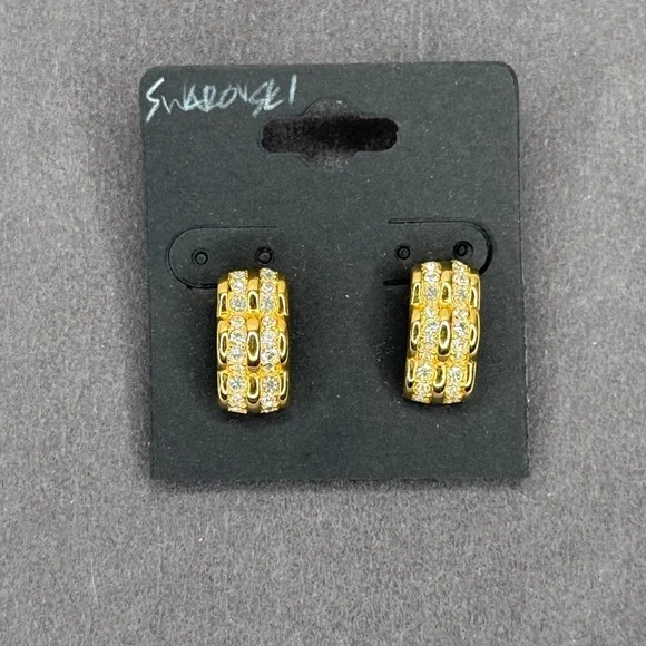 Vintage Swarovski Swan Signed Clip-On Earrings Gold Tone Crystal Pavé 1980s - Picture 3 of 7